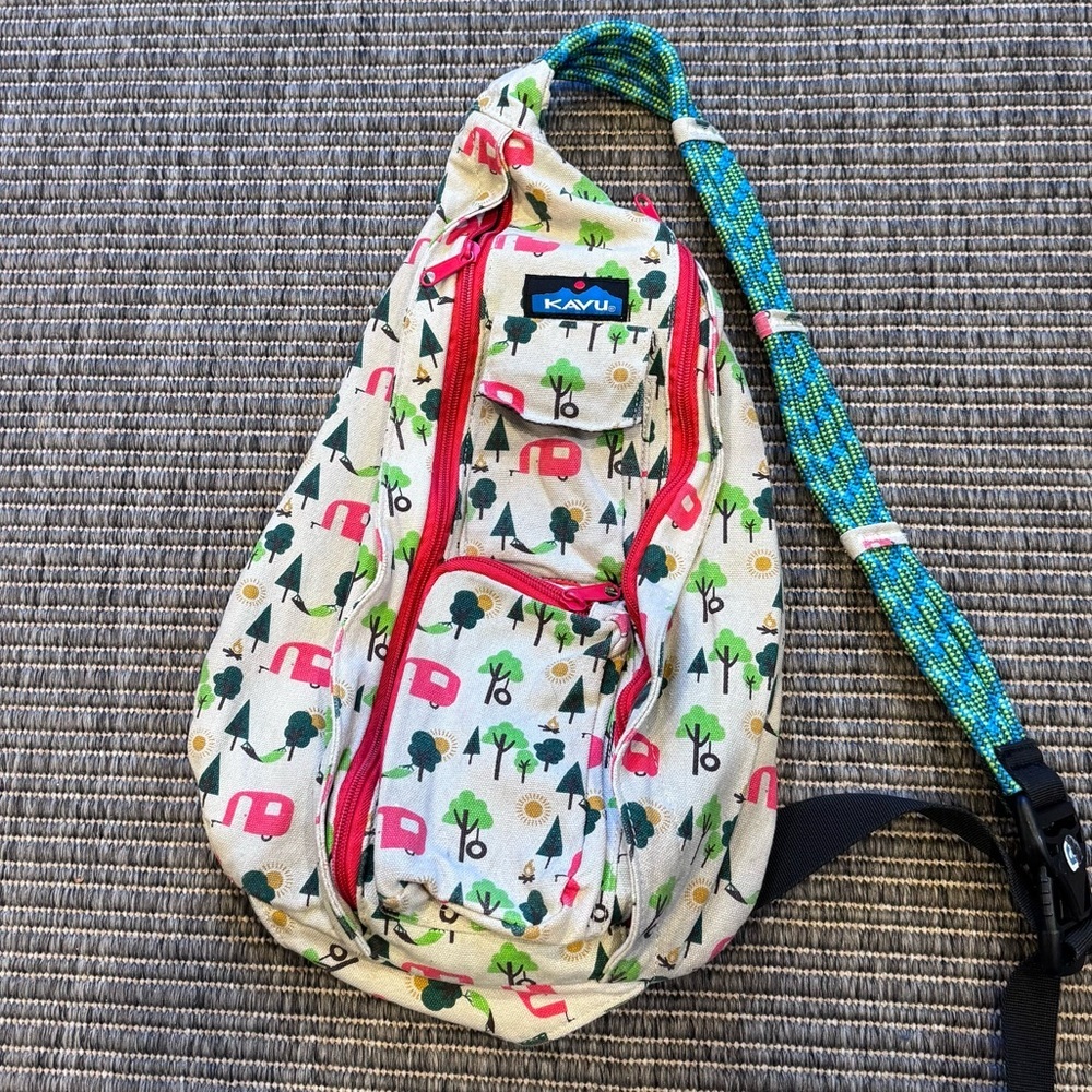 Kavu Cream Sling Bag with Pink Camper & Green Tree Print